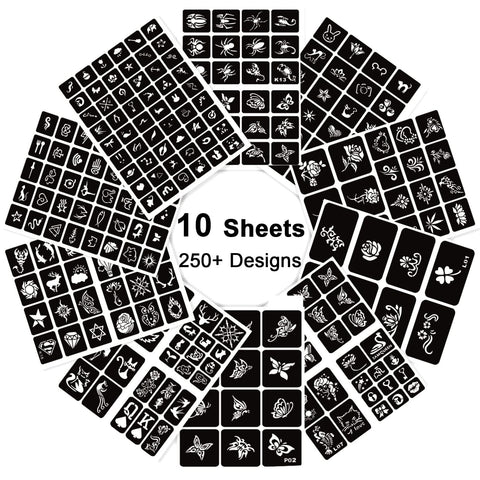 10 Sheets Henna Tattoo Stencils Kit,Reusable Temporary Stencil for Women Girls and Kids, 200+ PCS Tattoo Templates,Temporary Indian Arabian Glitter Airbrush Tattoo Stencils for Face Body Paint DIY