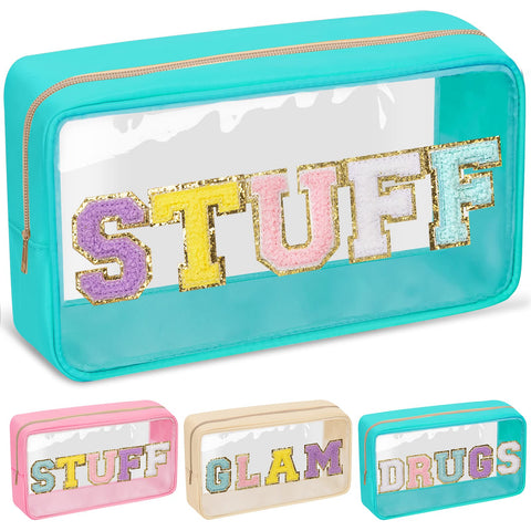 izuzta Preppy Patch Chenille Letter Clear Makeup Bags Mama Baby Pouch with Zipper Transparent PVC Waterproof Glitter Travel Toiletry Storage for Women Girls, STUFF-Green