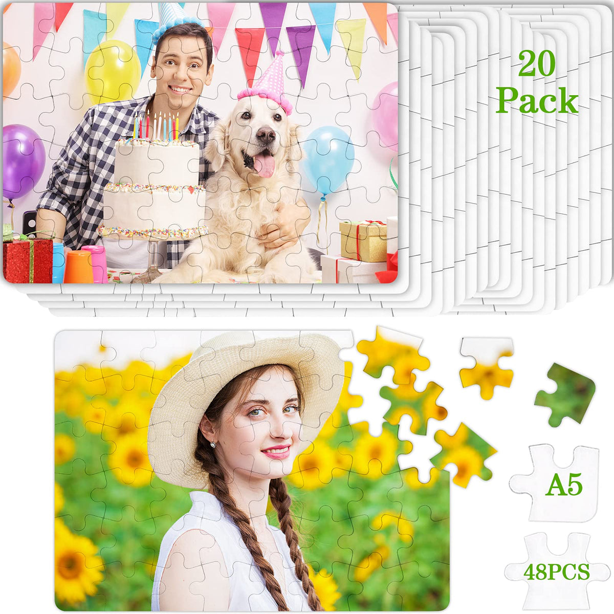 20 Sheets Blank Sublimation Jigsaw Puzzle Blank White Puzzle DIY Heat Press Transfer Puzzle Sublimation Custom Jigsaw Puzzle for Sublimation Blank Heat Press Puzzles (A5-48 Style)