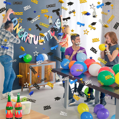 Konsait 2024 Graduation Confetti, Graduation Party Supplies, 2 Oz/ 1500Pcs, Graduation Table Decorations Gold Black Silver and Blue Congrats Stars 2024 Goblet Diploma Confetti Graduation Decorations