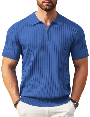 COOFANDY Men's Zipper Polo Shirts Short Sleeve Ribbed Knit Polo T Shirts Fashion Casual Golf Shirts Blue