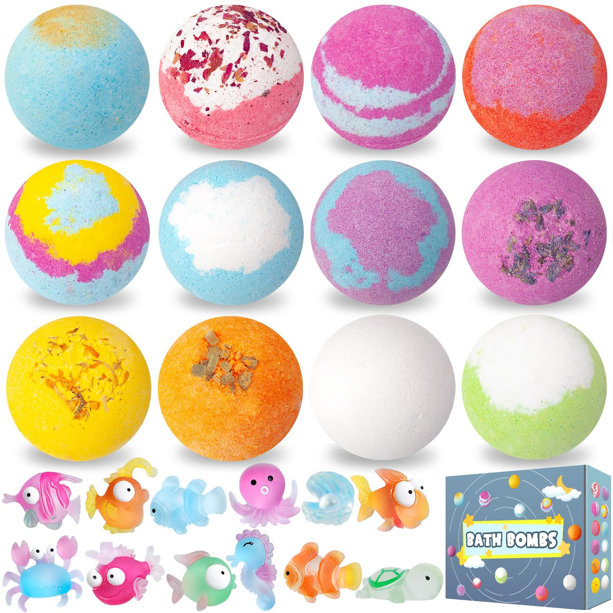 Bath Bombs for Kids with Surprise Toys Inside, 12 Pack Essential Oil SPA Bath Bombs, Bubbles Gentle and Safe Fragranced Bath Balls, Halloween Birthday Christmas Gifts Set for Kids Boys Girls