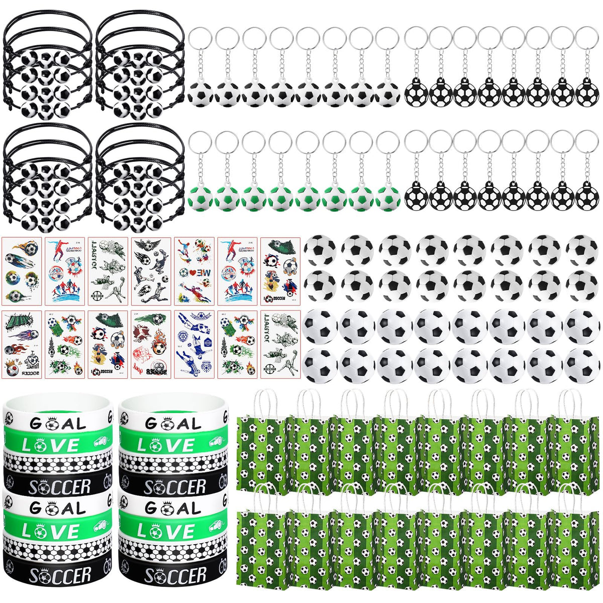 Aoriher 144 Pcs Soccer Party Favors Sport Birthday Supplies Goodie Bag Stuffers with Mini Stress Ball Toy Stickers Whistle Keychain Charm Bracelet Wristbands Erasers for Sport Party Supplies