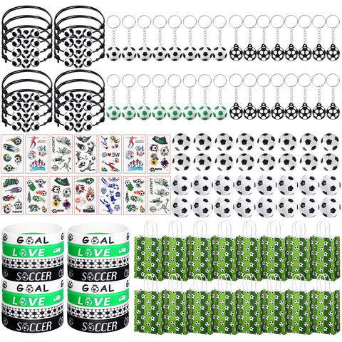 Aoriher 144 Pcs Soccer Party Favors Sport Birthday Supplies Goodie Bag Stuffers with Mini Stress Ball Toy Stickers Whistle Keychain Charm Bracelet Wristbands Erasers for Sport Party Supplies