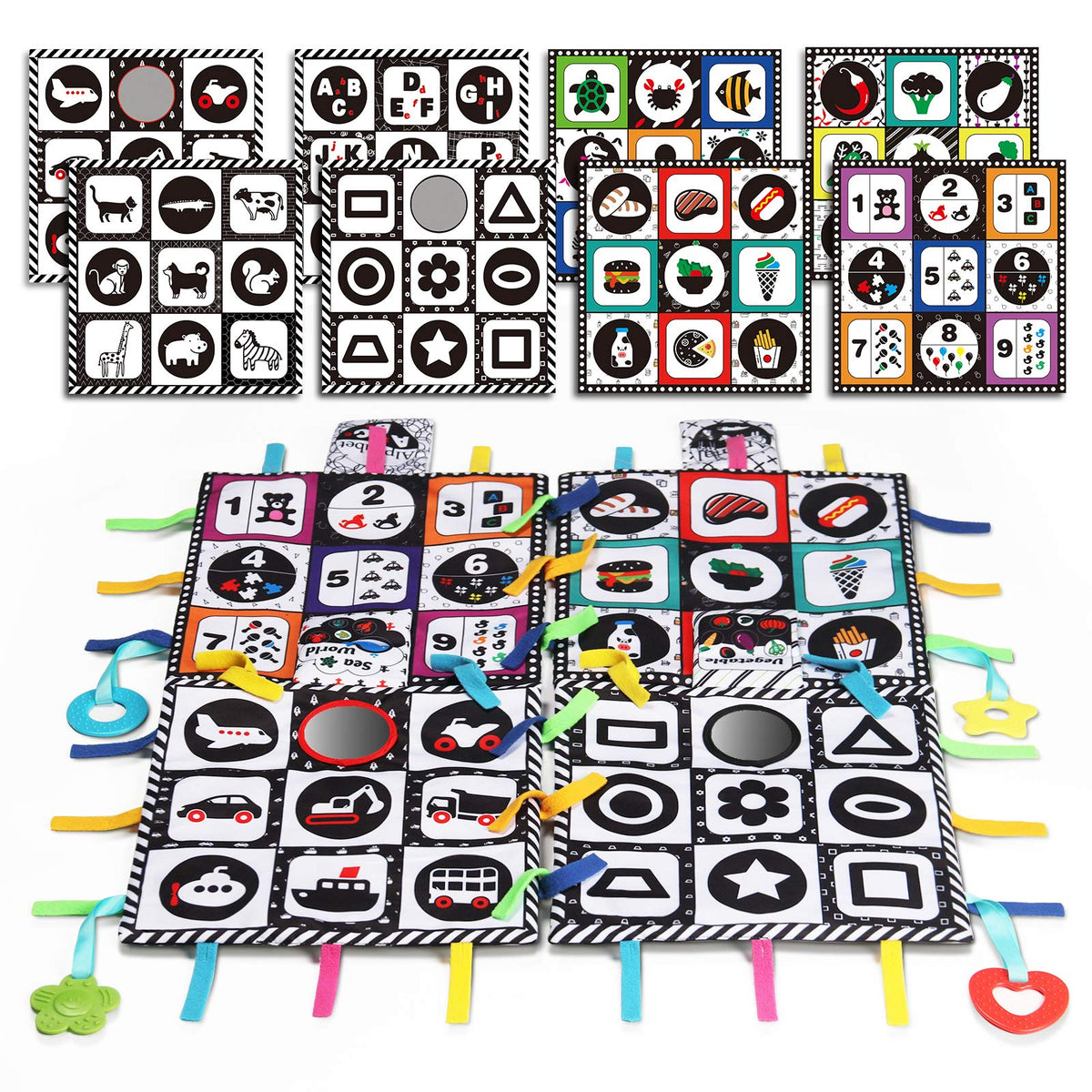 teytoy Black and White Baby Toys, High Contrast Baby Tummy Time Square Mats -Interactive Baby Activity Mats, Double Sided & Soft Crinkle Toys Early Educational Toys for Newborn Baby (4 Packs) (Type1)