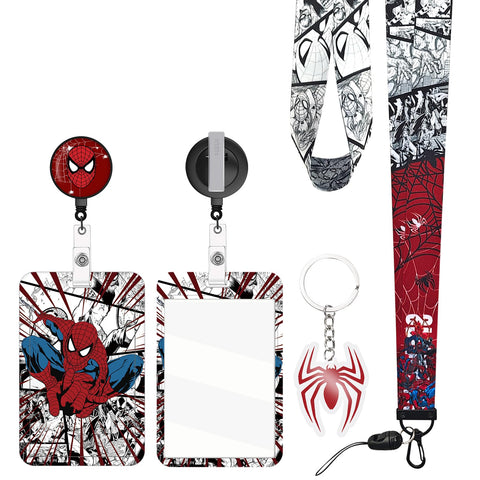 TJIUSI Cool Anime Lanyard with Retractable Badge Reel and Funny Cartoon ID Badge Holder(with Anime Keychain) 4PCS Set Swivel Clip Spider Alligator Clip for Nurses Student Teacher Women Men