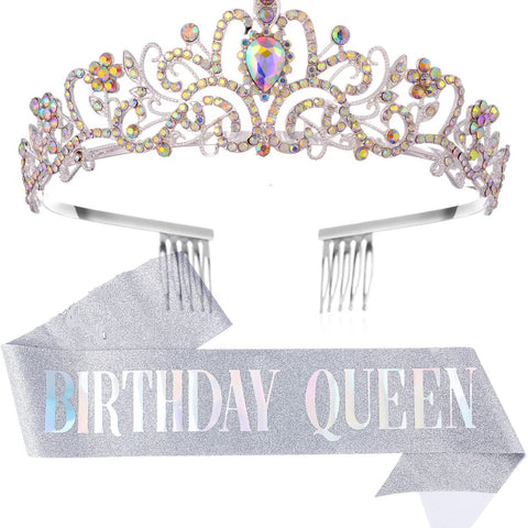 "Birthday Queen" Sash & Rhinestone Tiara Set, Birthday Sash and Tiara for Women Birthday Decoration Kit Rhinestone Headband for Girl Glitter Crystal Hair Accessories for Party (Colorful Sliver)