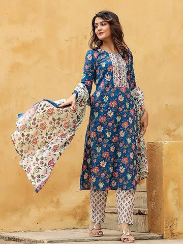 Vaamsi Women's Rayon Cotton Blend Floral Printed Straight Kurta Pant With Dupatta (VKSKD1238_Blue_XXL)