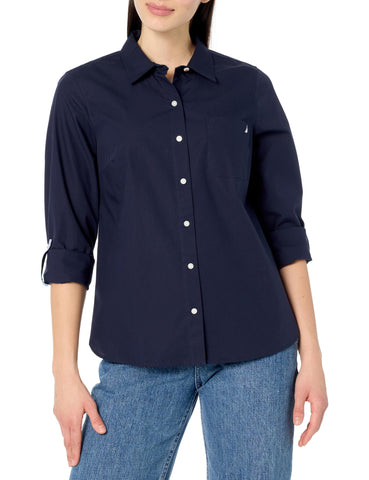 Nautica Women's Button Front Long Sleeve Roll Tab Shirt, Night Sky, Large