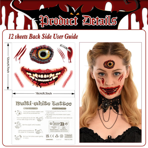 Konsait 12 Sheets Halloween Scar Tattoos Temporary Zombie Tattoos, Bleeding Wound Halloween Face Tattoos, Waterproof Halloween Tattoos for Adults Kids