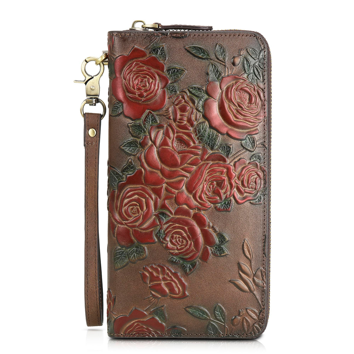 VRHUIS WomenÃ¢â‚¬â„¢s RFID Blocking Wallet Leather Large Capacity Credit Card Phone Clutch With Detachable Hand Strap Coffee