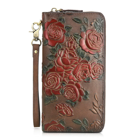 VRHUIS WomenÃ¢â‚¬â„¢s RFID Blocking Wallet Leather Large Capacity Credit Card Phone Clutch With Detachable Hand Strap Coffee