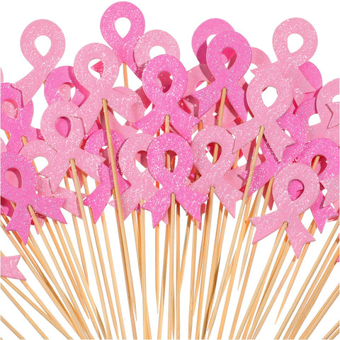 100 Pcs Breast Cancer Awareness Cupcake Toppers Double Sided Glitter Rose Red Pink Ribbon Breast Cancer Decorations for Party Believe Hope Ribbon Cupcake Picks Party Cake Decorations Supplies