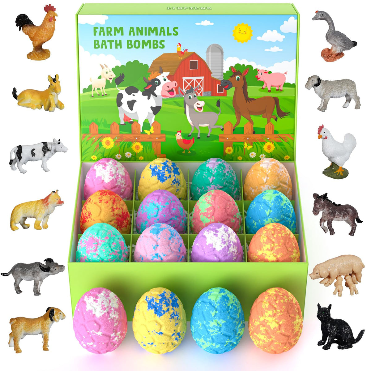 Kids Bath Bombs with Surprise Inside for Girls Boys Toddlers, 12 Pack Organic Bath Bombs for Kids with Farm Animals Toys Inside, Safe Handmade Bubble Bath Fizzy Dino Bath Bombs for Kids Easter