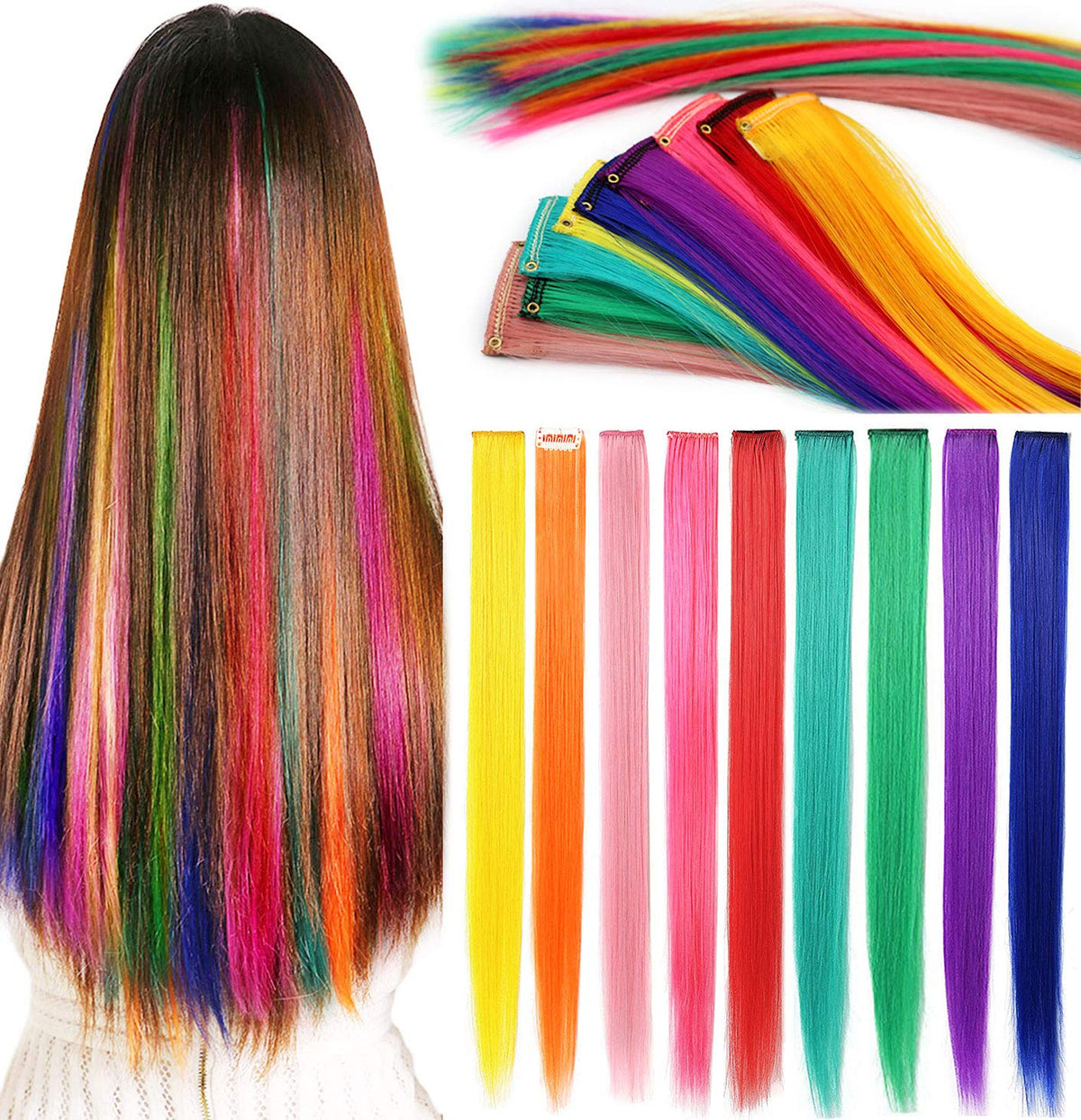 Rhyme Rainbow Hair Extensions Colored Hair Extensions Clip In/On For Girls Hair Accessories Wig Pieces For women 9PCS