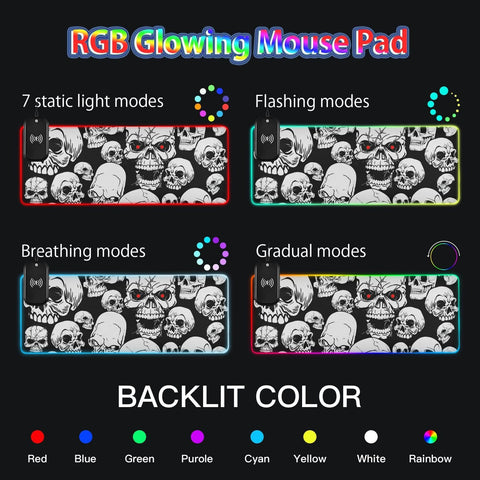 Horror Skull Wireless Charging Mouse Pad for Mobile Phone Extra Large Gaming Mousepad with 13 Lighting Modes Keyboard Mat for Office Home Gaming MacBook PC Laptop Desk