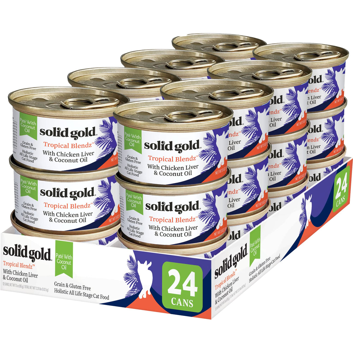 Solid Gold Wet Cat Food Pate for Adult & Senior Cats - Real Chicken Liver & Coconut Oil - Tropical Blendz Grain Free Wet Cat Food for Healthy Digestion, Skin, Coat & Sensitive Stomach - 24ct/3oz Can
