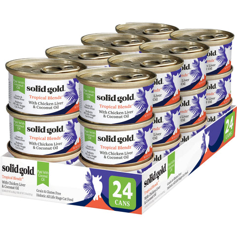 Solid Gold Wet Cat Food Pate for Adult & Senior Cats - Real Chicken Liver & Coconut Oil - Tropical Blendz Grain Free Wet Cat Food for Healthy Digestion, Skin, Coat & Sensitive Stomach - 24ct/3oz Can