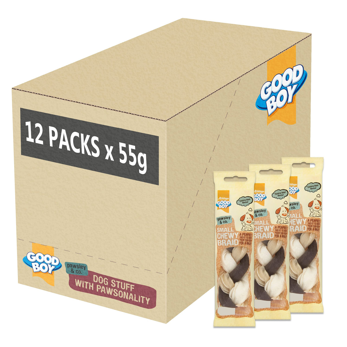 Good Boy - Small Chewy Braids - Dog Chews - Made With Beef Hide and Beef Flavouring - 55 Grams ? - With Probiotics To Aid Digestion - Case of 12