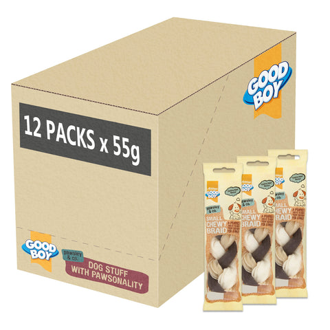 Good Boy - Small Chewy Braids - Dog Chews - Made With Beef Hide and Beef Flavouring - 55 Grams ? - With Probiotics To Aid Digestion - Case of 12