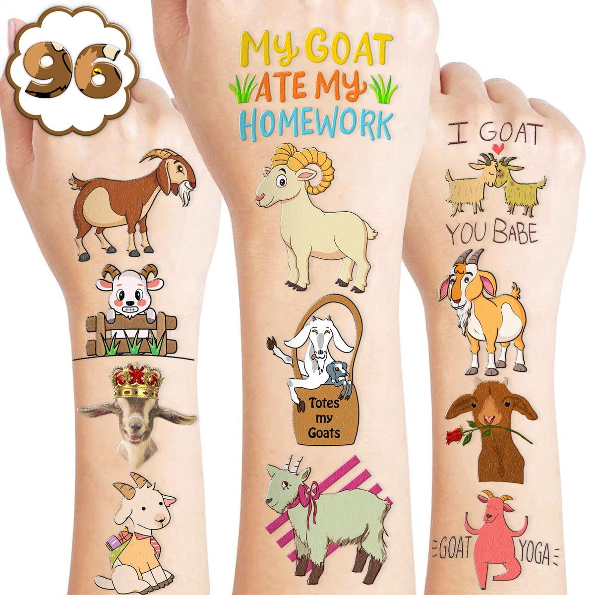 Generic Goat Temporary Tattoos Birthday Party Supplies Favors Decorations Super Cute 96PCS Fake Tattoos Stickers for Boys Girls School Classroom Rewards Gifts Ideal Halloween