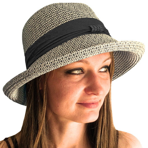 TOSKATOK Ladies Womens Adjustable Summer Sun Hat Fashion Foldable Roll Brim Trilby Bowler Black/Beigeâ€¦