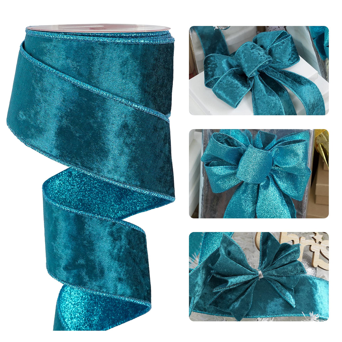 HUIHUANG Velvet Wired Ribbon Teal Ribbon Christmas Velvet Ribbon 2.5 inch Wide Turquoise Blue Metallic Glitter Ribbon for Christmas Tree Wreaths Gift Wrapping Bows Gralands Home Decor Crafts-10 Yards