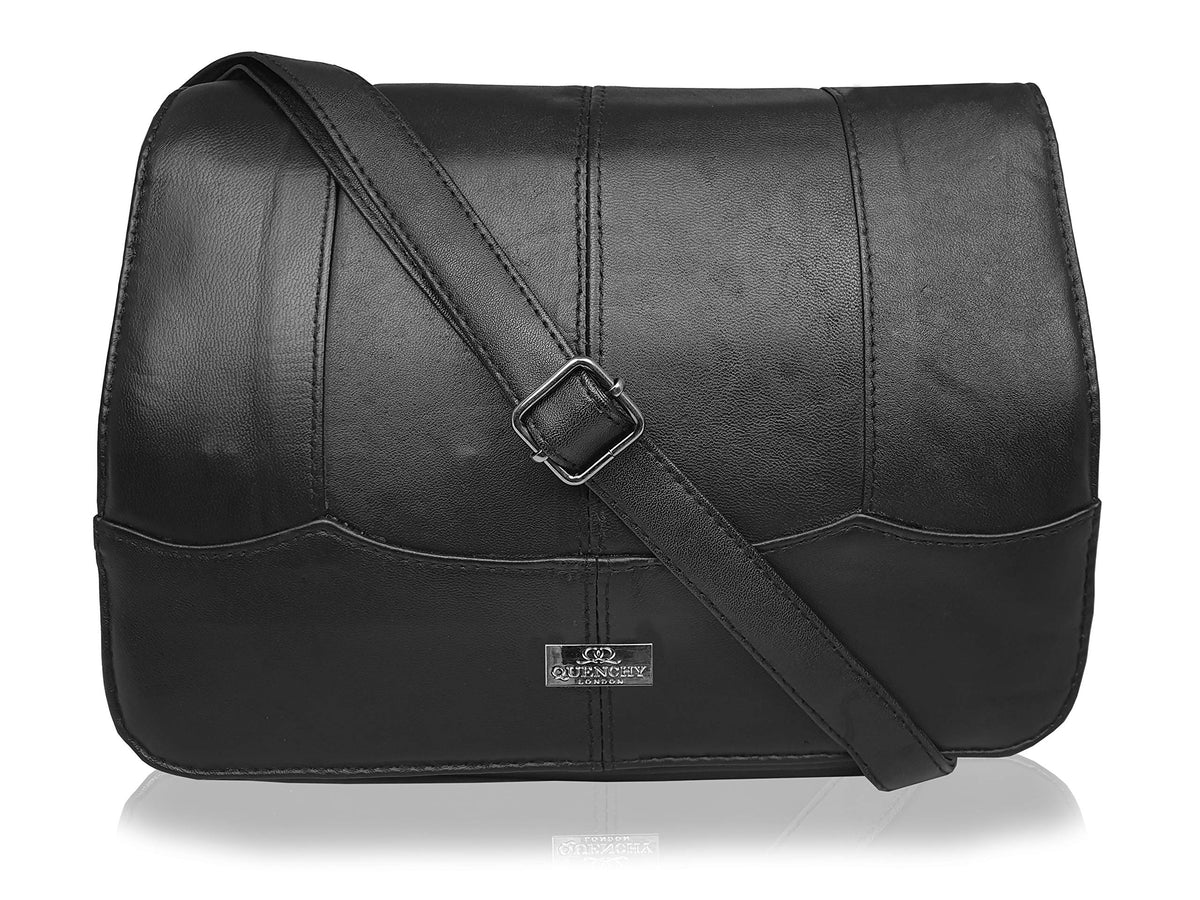 Quenchy London Ladies Handbag Triple Section - Real Leather A-Cross Body Designer Hand Bags with 8 Pockets - Single Adjustable Shoulder Strap, L28cm xH20 x10 - QL966 Black