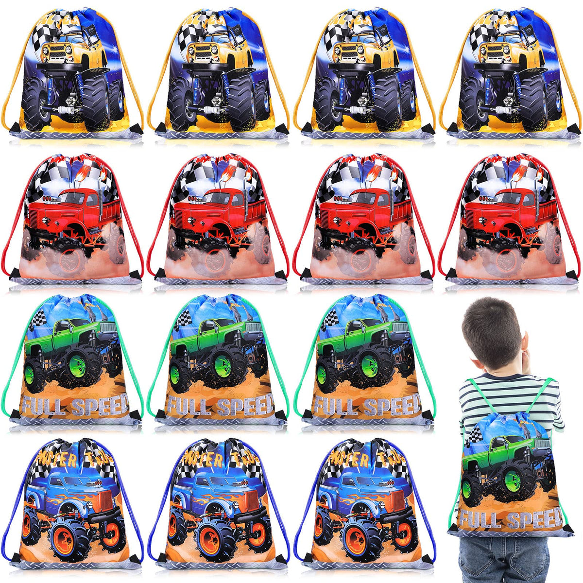 16 Pcs Truck Party Drawstring Bags Truck Theme Truck Party Gift Bags Party Decorations Racing Truck Candy Treats Bags Kids Birthday Party Decoration Truck Birthday Party Supplies