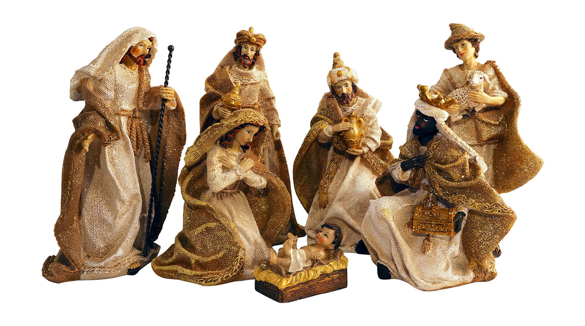 Gold Metallic Glittered Burlap Christmas Nativity Scene, Set of 7 Rearrangeable Figures