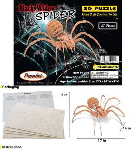 Puzzled 3D Puzzle Black Widow Spider Wood Craft Construction Model Kit, Fun & Educational DIY Wooden Toy Assemble Model Unfinished Crafting Hobby Puzzle to Build & Paint for Decoration 27 Pieces Pack
