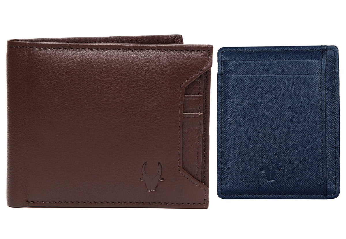 WildHorn Leather Men's Wallet (699705), Brown Wallet + Blue Safiano Card Case, Classic