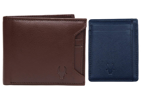WildHorn Leather Men's Wallet (699705), Brown Wallet + Blue Safiano Card Case, Classic