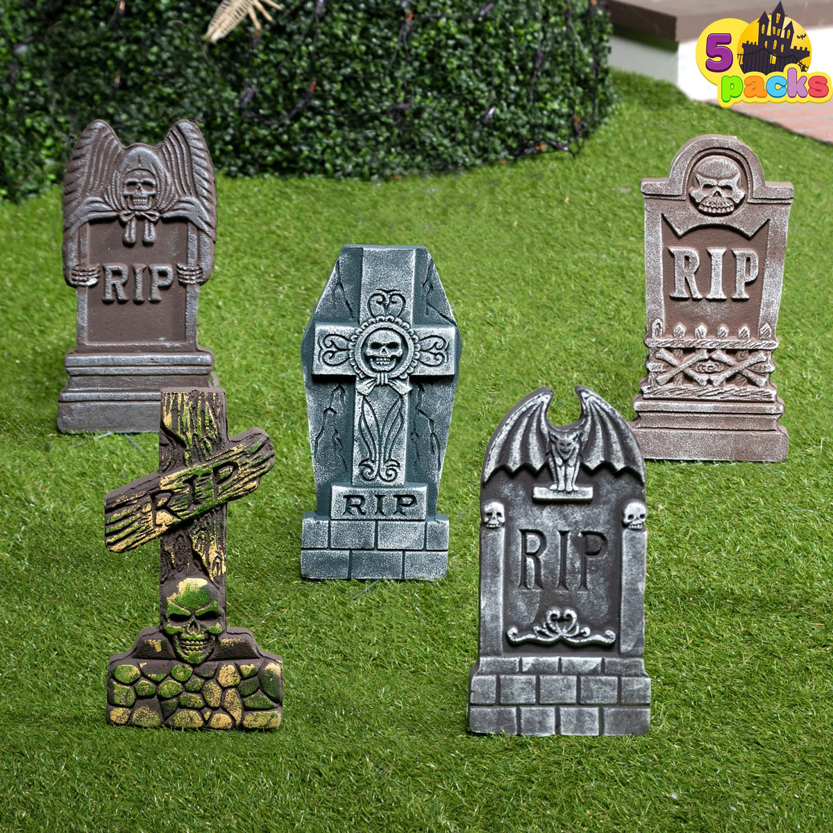JOYIN 17â€ Halloween Foam Graveyard Tombstones (5 Pack), Yard Sign Headstone Decorations and 10 Bonus Metal Stakes for Halloween Yard Decorations RIP Tombstones
