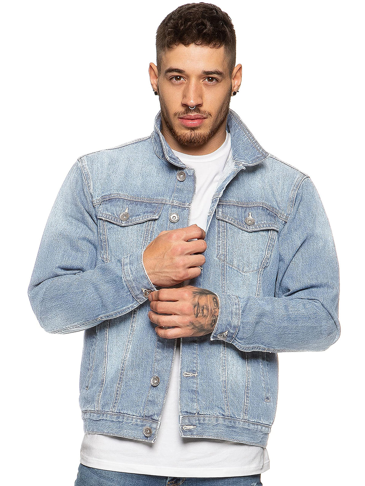 Enzo Mens Designer Denim Jacket Western Classic Style Trucker Vintage Style Coat (S, Light Blue)