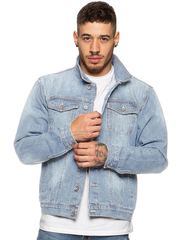 Enzo Mens Designer Denim Jacket Western Classic Style Trucker Vintage Style Coat (S, Light Blue)