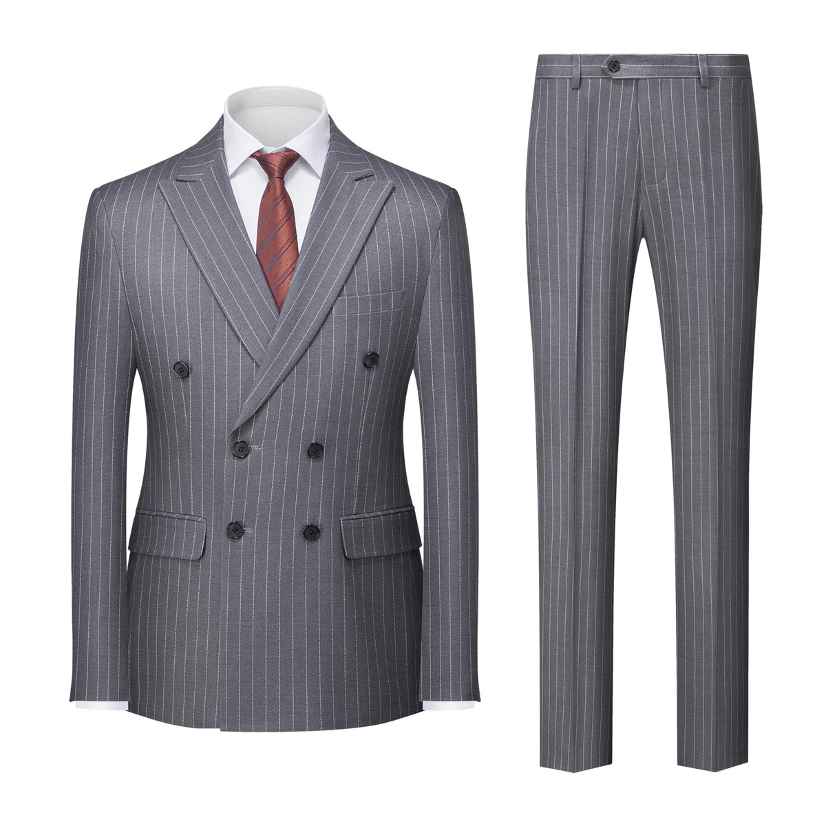 MOGU Mens Double Breasted Pinstripe Suit 2 Piece Slim Fit Tuxedo Formal Jacket and Pants for Business Wedding Prom Size XL Dark Grey