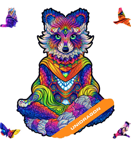 UNIDRAGON Wooden Jigsaw Puzzles - Emanating Raccoon, 196 pcs, Medium 9.4x12.5, Beautiful Gift Package, Unique Shape Best Gift for Adults and Kids