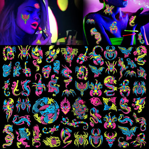 HOWAF 10 Sheets UV Neon Temporary Tattoos, Fluorescence UV Neon Body Face Taoos for Makeup Party Rave Festival Women Dancing Party Decorations Supplies, Glow in the Dark Black Light Fake Tattoos