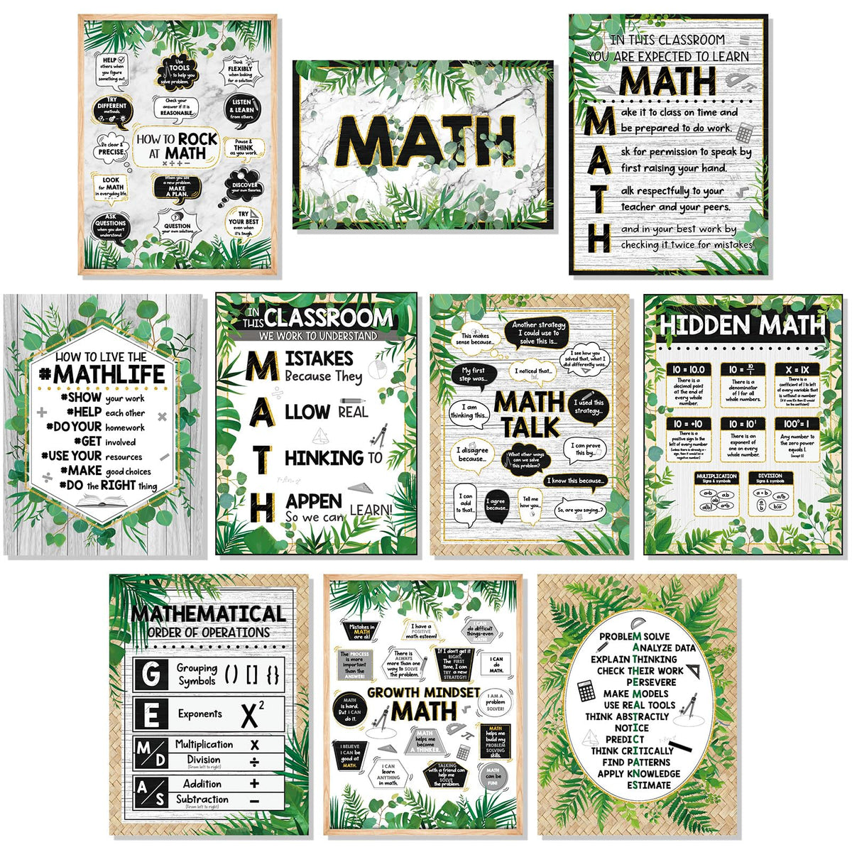 Sinload 10 Pcs Eucalyptus Math Posters Inspirational Classroom Decorations Mathematics Motivational Posters Greenery Educational Math Posters Wall Decor for Elementary Middle High school