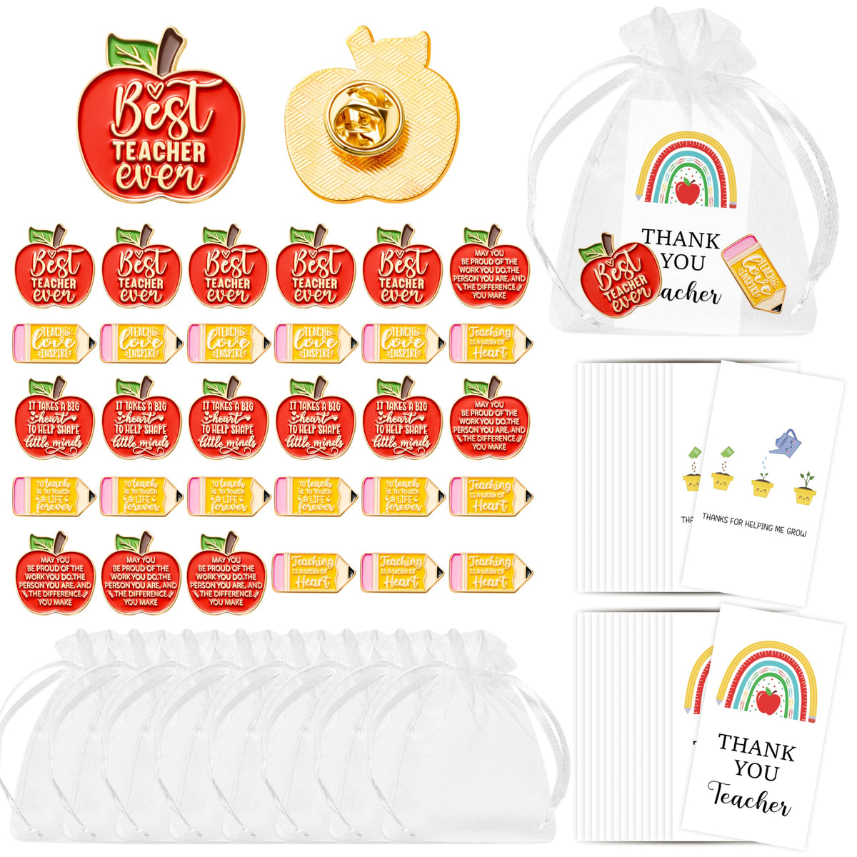 WATINC 30Sets Pencil Apple Pin Thank You Cards, Apples Best Teacher Even Lapel Pins Appreciation Christmas Gift, Thank You Rainbow Card Organza Bags Brooch Pocket Token Favors for Teachers Coach Tutor