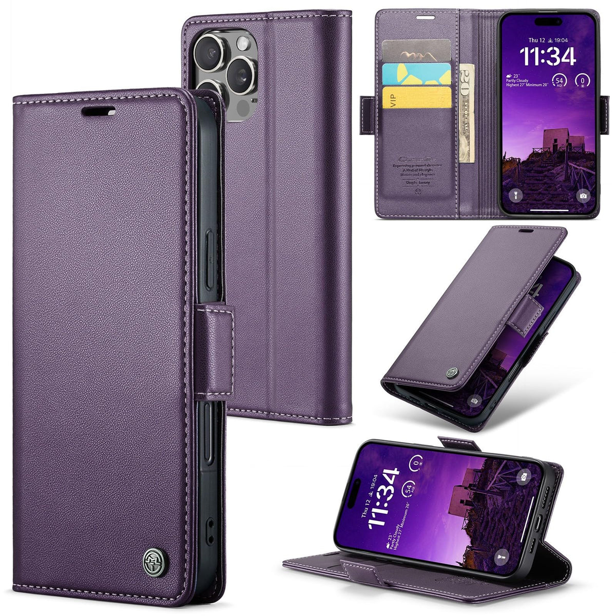 XIMAND for iPhone 16 Pro Wallet Case, RFID Blocking with Kickstand 3 Credit Card Slot and Cash Slot Magnetic Closure Wireless Charging Slim PU Leather Protective Cover - Purple