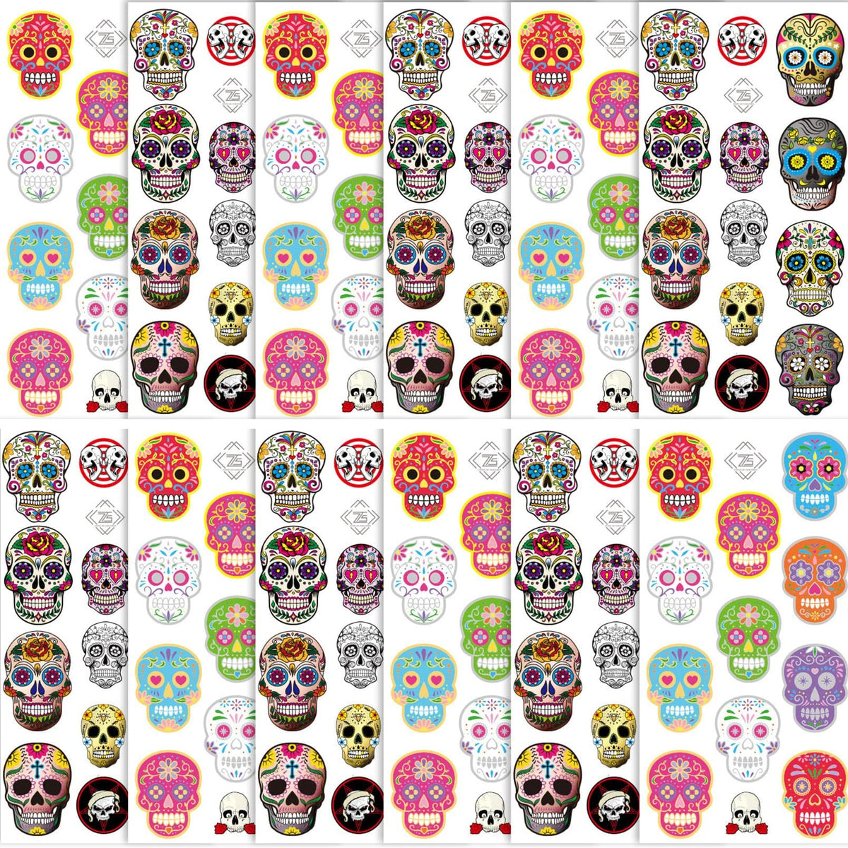 Day of the Dead Sugar Skull Tattoos(156PCS),Halloween Temporary Tattoos Sugar Skull Skeleton Tattoos for kids Boys Girls Halloween Party Favor Supplies