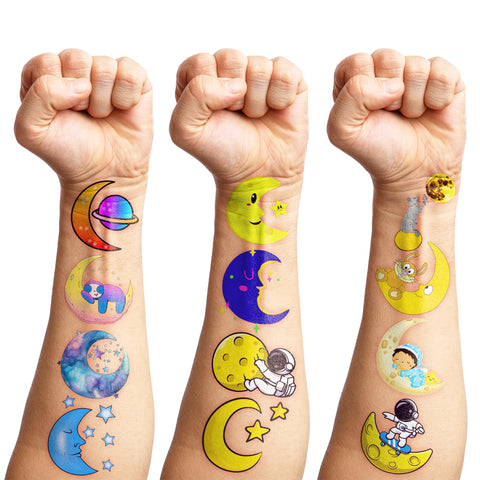78PCS Moon Temporary Tattoos Themed Space Birthday Party Decorations Supplies Favors Decor Sun Moon Stars Temporary Tattoos Stickers Cute Gifts for Kids Boys Girls Prizes Rewards