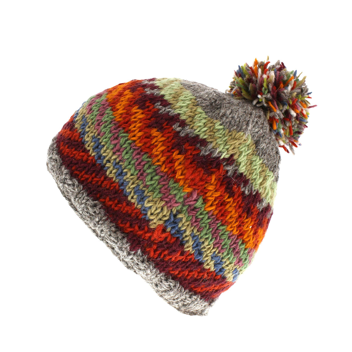 Pachamama Women Wool Beanie Bobble Hat Fleece Lined Handknitted Fairisle Chevron Multicoloured One-Size Handmade Extra Warm Fair Trade