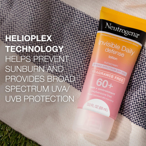 Neutrogena Invisible Daily Defense Fragrance-Free Sunscreen Lotion, Broad Spectrum SPF 60+, Oxybenzone-Free & Water-Resistant, Sun & Environmental Aggressor Protection, 3.0 fl. oz
