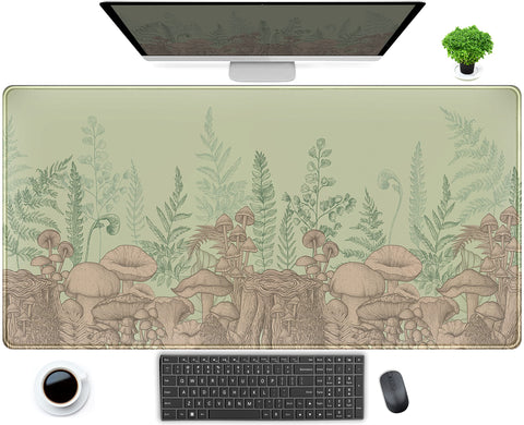 Cute Green Leaves Mouse Pad Desk Mat Beige Forest Mushroom XXL Large Extended Gaming Mousepad Desk Pad 31.5x15.75 in, Cool Keyboard Mouse Mat Desk Mats for Computer Laptop Women Desk Gamers Girl