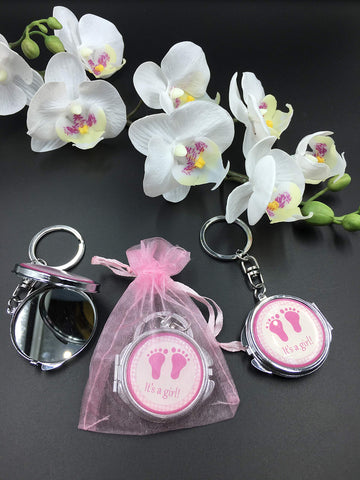 12 New Baby Shower Pink Girl Baby Foot Design Mirror Keychain Party Favor Set With Organza Bag