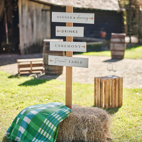 Ginger Ray Wooden Signpost with 4 White Signs and Arrows Wedding Party Decoration, Neutral