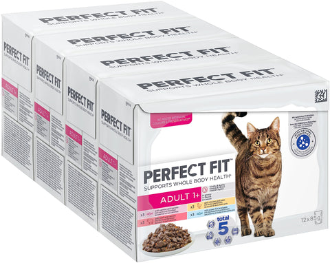 Perfect Fit 1+ Adult Mixed Selection in Sauce 48 Pouches, Complete Premium Wet Cat Food, Pack of 4 (12 x 85 g)